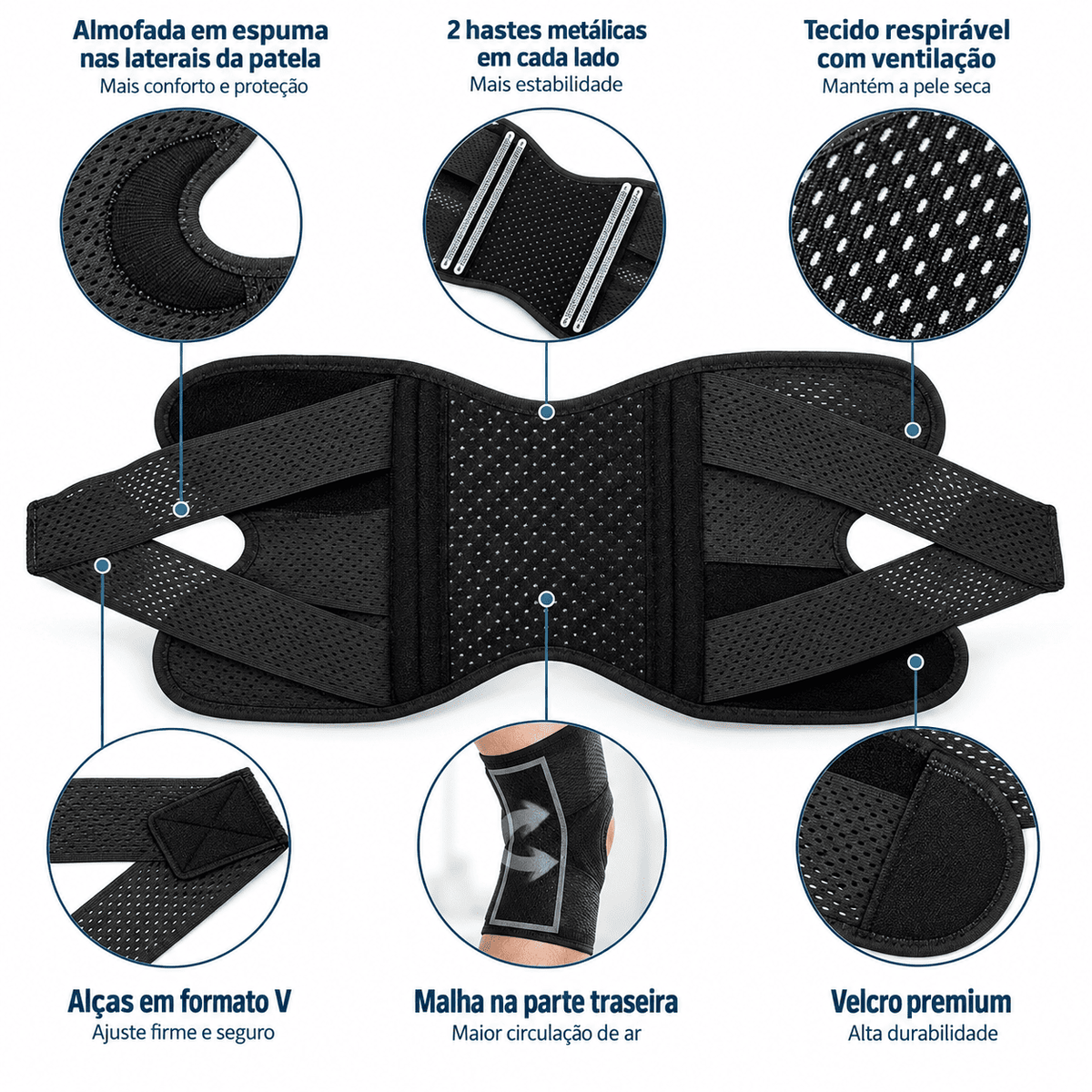 Kit Joelheira Ortopédica de Compressão Respirável MySteps StableKnee® com Hastes Metálicas Laterais para Estabilização, Firmeza e Alívio de Dores nos Joelhos