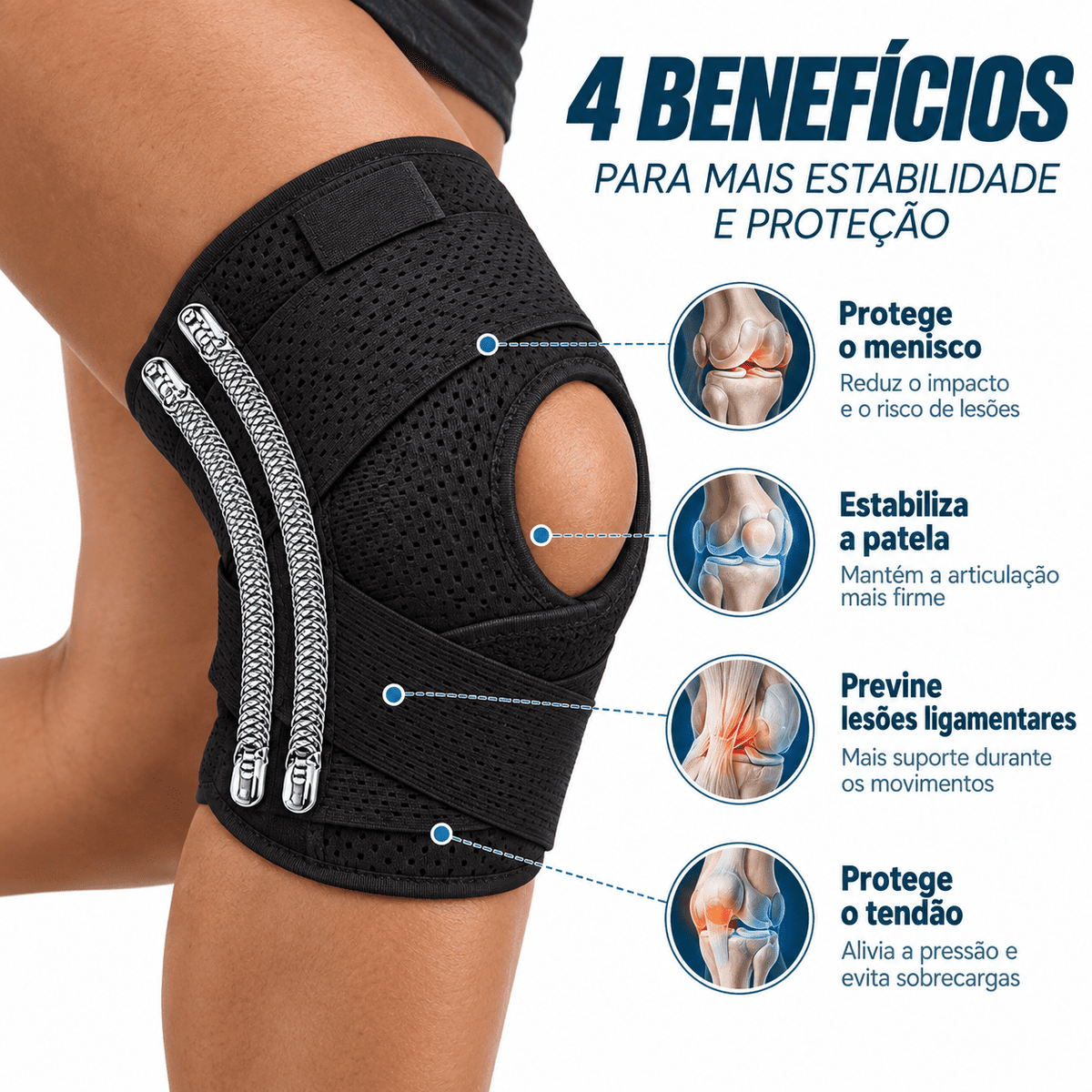 Kit Joelheira Ortopédica de Compressão Respirável MySteps StableKnee® com Hastes Metálicas Laterais para Estabilização, Firmeza e Alívio de Dores nos Joelhos