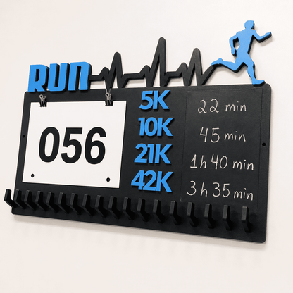 Kit de Porta-Medalhas MDF 3 em 1 Áreas Número Peito e Recorde  MySteps VictoryHanger® 50x30 cm Suporte Mais de 100 Medalhas + Giz de Lousa Parafusos e Buchas