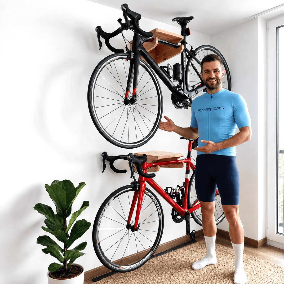 Kit de Suporte Rack de Parede para Bicicleta Bike 3 em 1 MySteps PedalStation® Opções MDF Cru ou Envernizado + Parafusos e Buchas de Instalação