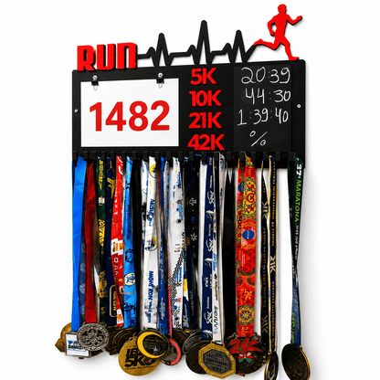 Kit de Porta-Medalhas MDF 3 em 1 Áreas Número Peito e Recorde  MySteps VictoryHanger® 50x30 cm Suporte Mais de 100 Medalhas + Giz de Lousa Parafusos e Buchas
