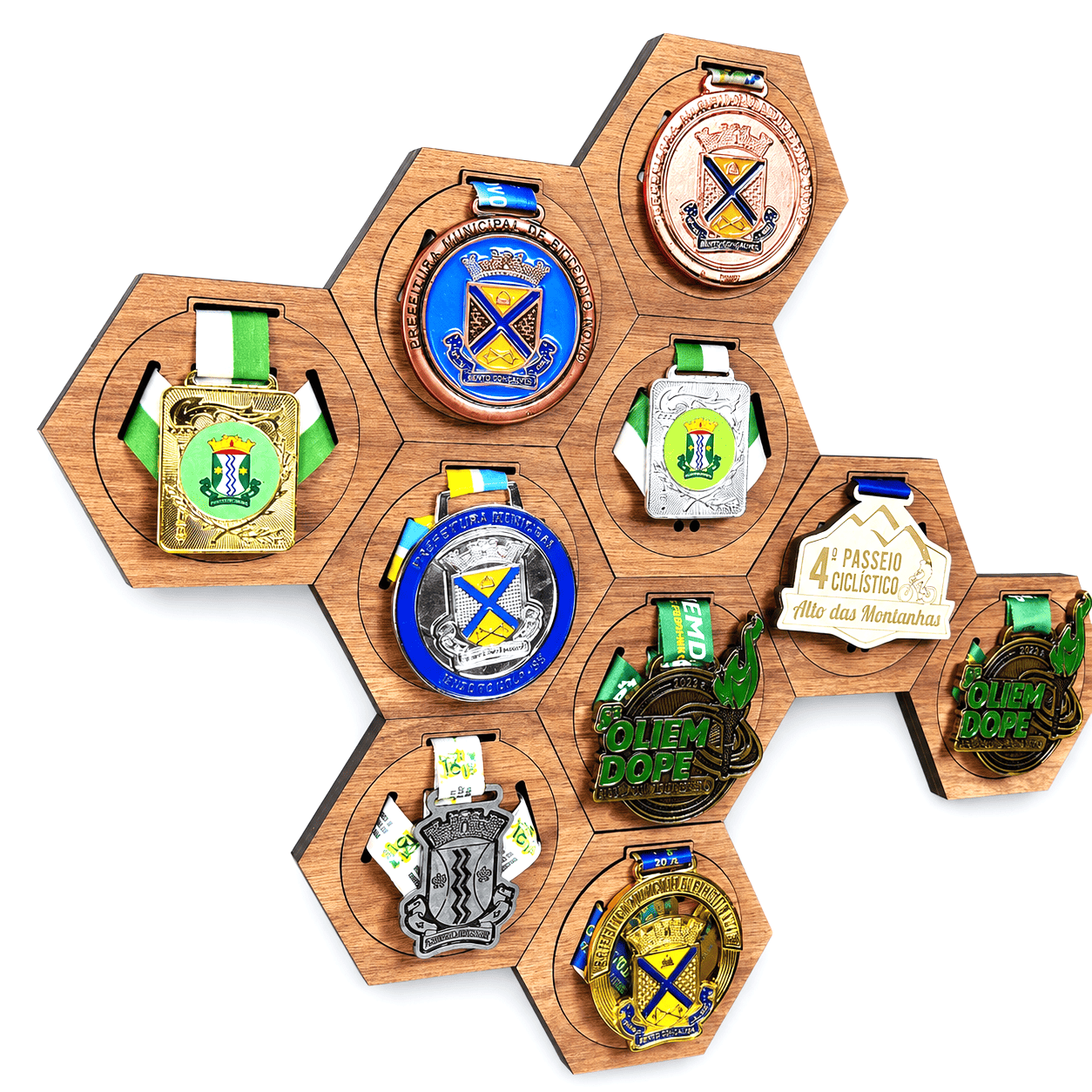 Kit de Porta-Medalhas Hexagonal Colmeia em MDF à Laser MySteps VictoryHive Expositor para Parede + Fita Dupla Face de Fixação