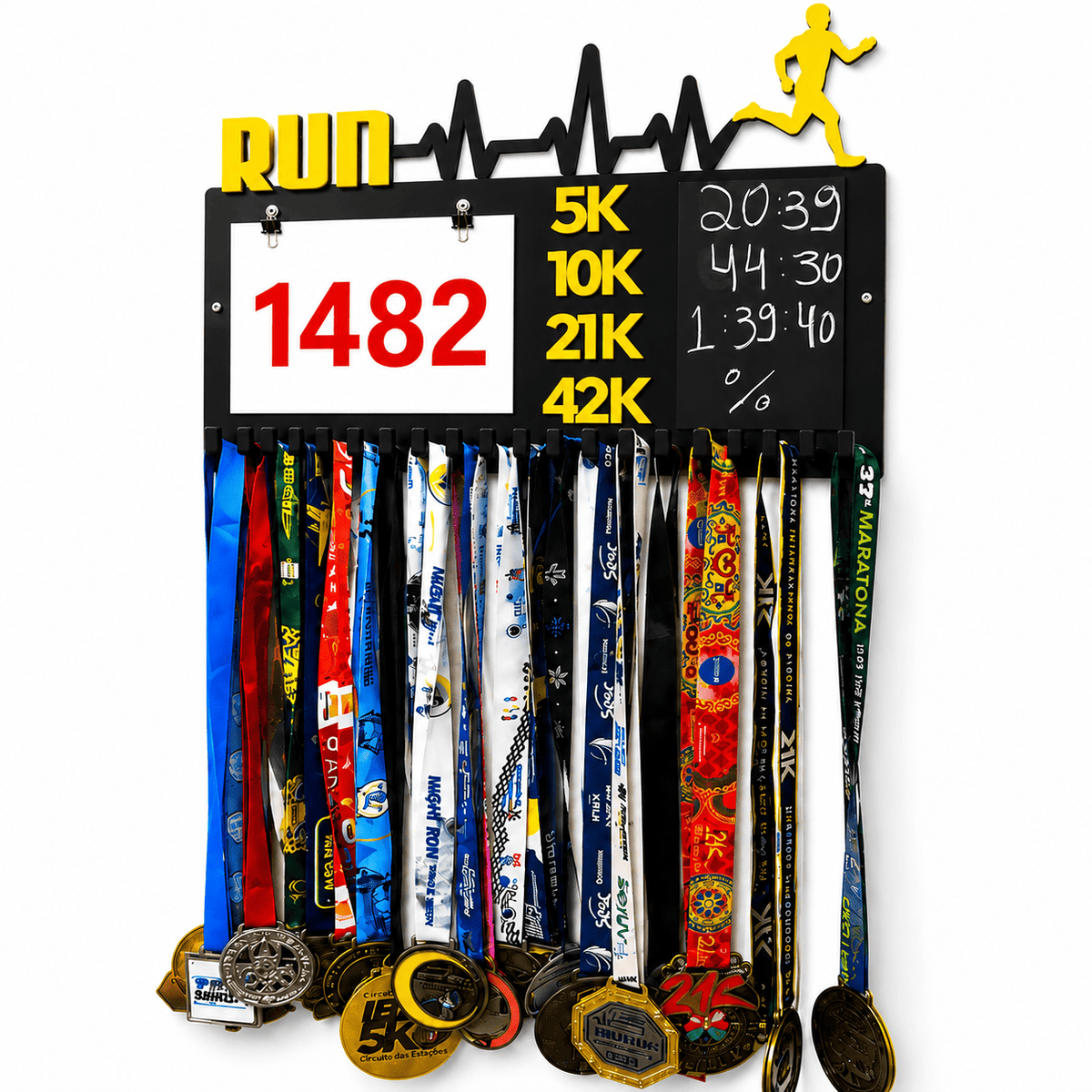 Kit de Porta-Medalhas MDF 3 em 1 Áreas Número Peito e Recorde  MySteps VictoryHanger® 50x30 cm Suporte Mais de 100 Medalhas + Giz de Lousa Parafusos e Buchas