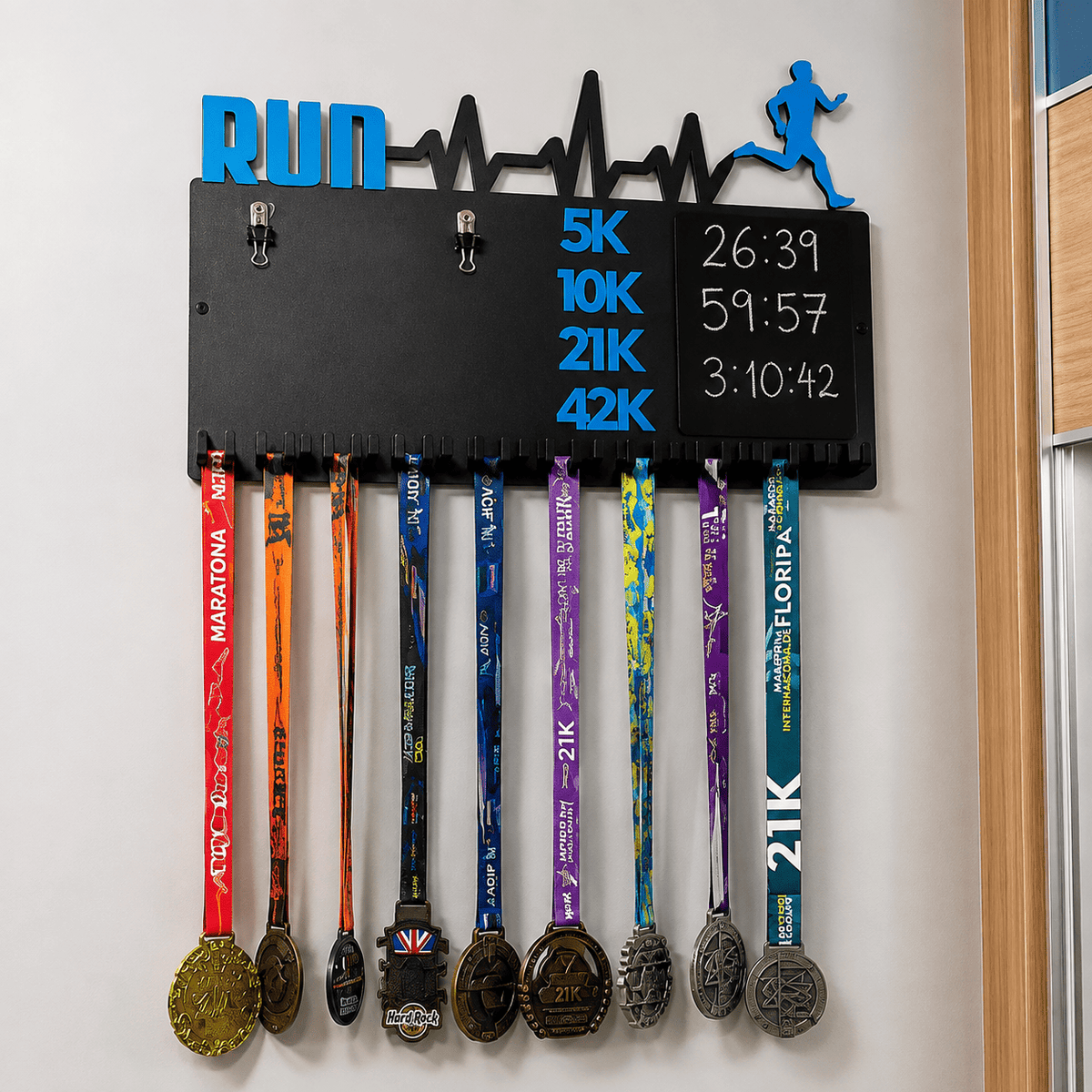 Kit de Porta-Medalhas MDF 3 em 1 Áreas Número Peito e Recorde  MySteps VictoryHanger® 50x30 cm Suporte Mais de 100 Medalhas + Giz de Lousa Parafusos e Buchas