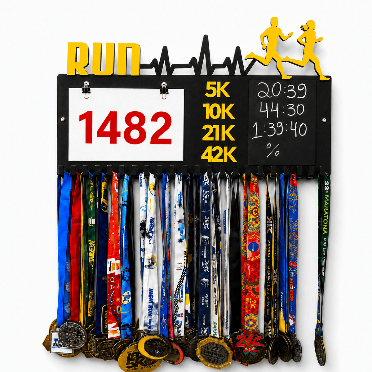 Kit de Porta-Medalhas MDF 3 em 1 Áreas Número Peito e Recorde  MySteps VictoryHanger® 50x30 cm Suporte Mais de 100 Medalhas + Giz de Lousa Parafusos e Buchas
