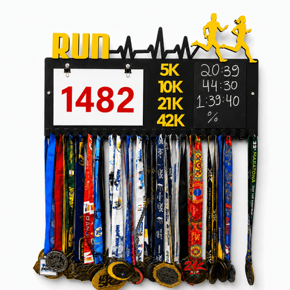 Kit de Porta-Medalhas MDF 3 em 1 Áreas Número Peito e Recorde  MySteps VictoryHanger® 50x30 cm Suporte Mais de 100 Medalhas + Giz de Lousa Parafusos e Buchas