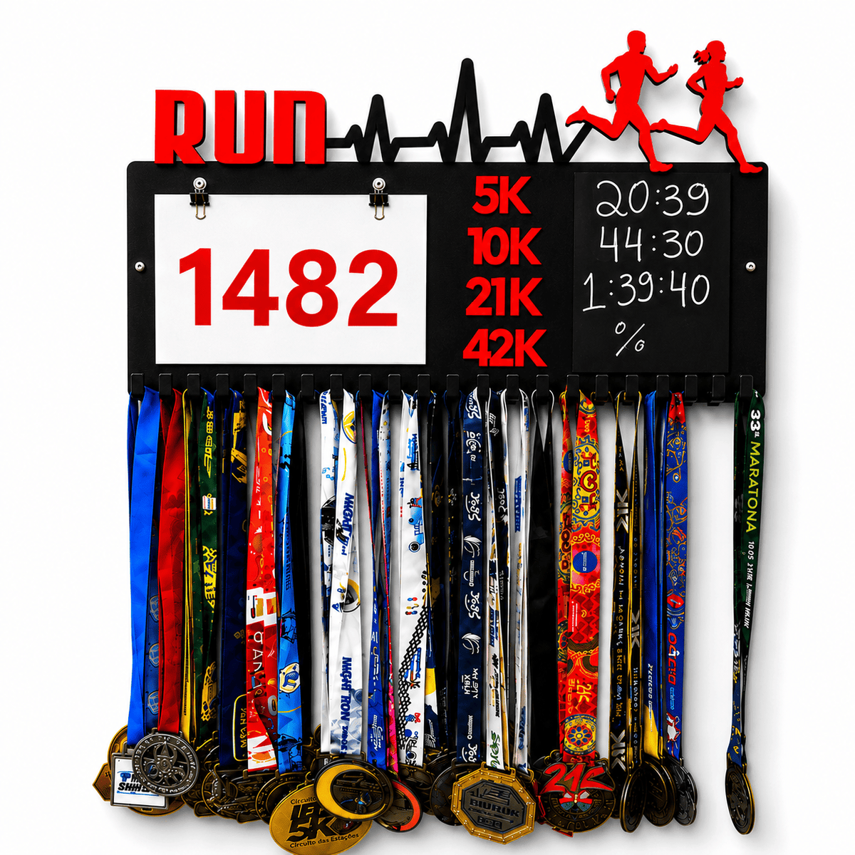 Kit de Porta-Medalhas MDF 3 em 1 Áreas Número Peito e Recorde  MySteps VictoryHanger® 50x30 cm Suporte Mais de 100 Medalhas + Giz de Lousa Parafusos e Buchas