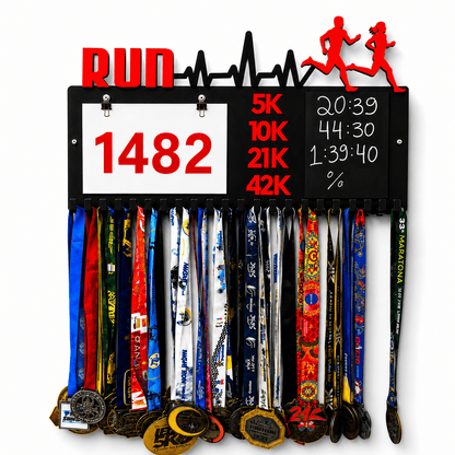 Kit de Porta-Medalhas MDF 3 em 1 Áreas Número Peito e Recorde  MySteps VictoryHanger® 50x30 cm Suporte Mais de 100 Medalhas + Giz de Lousa Parafusos e Buchas