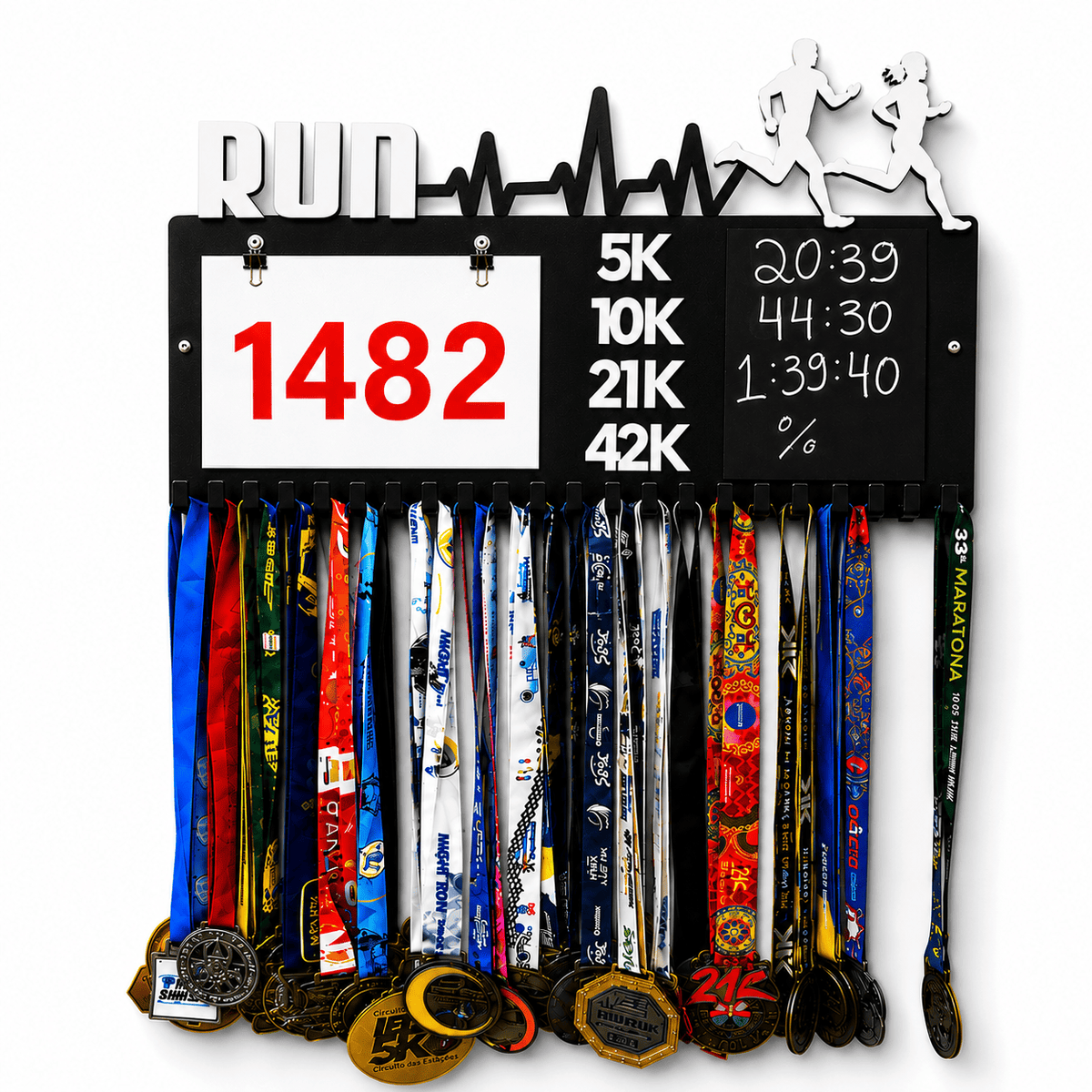 Kit de Porta-Medalhas MDF 3 em 1 Áreas Número Peito e Recorde  MySteps VictoryHanger® 50x30 cm Suporte Mais de 100 Medalhas + Giz de Lousa Parafusos e Buchas