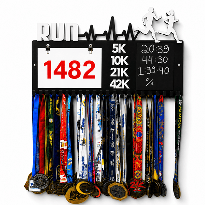 Kit de Porta-Medalhas MDF 3 em 1 Áreas Número Peito e Recorde  MySteps VictoryHanger® 50x30 cm Suporte Mais de 100 Medalhas + Giz de Lousa Parafusos e Buchas