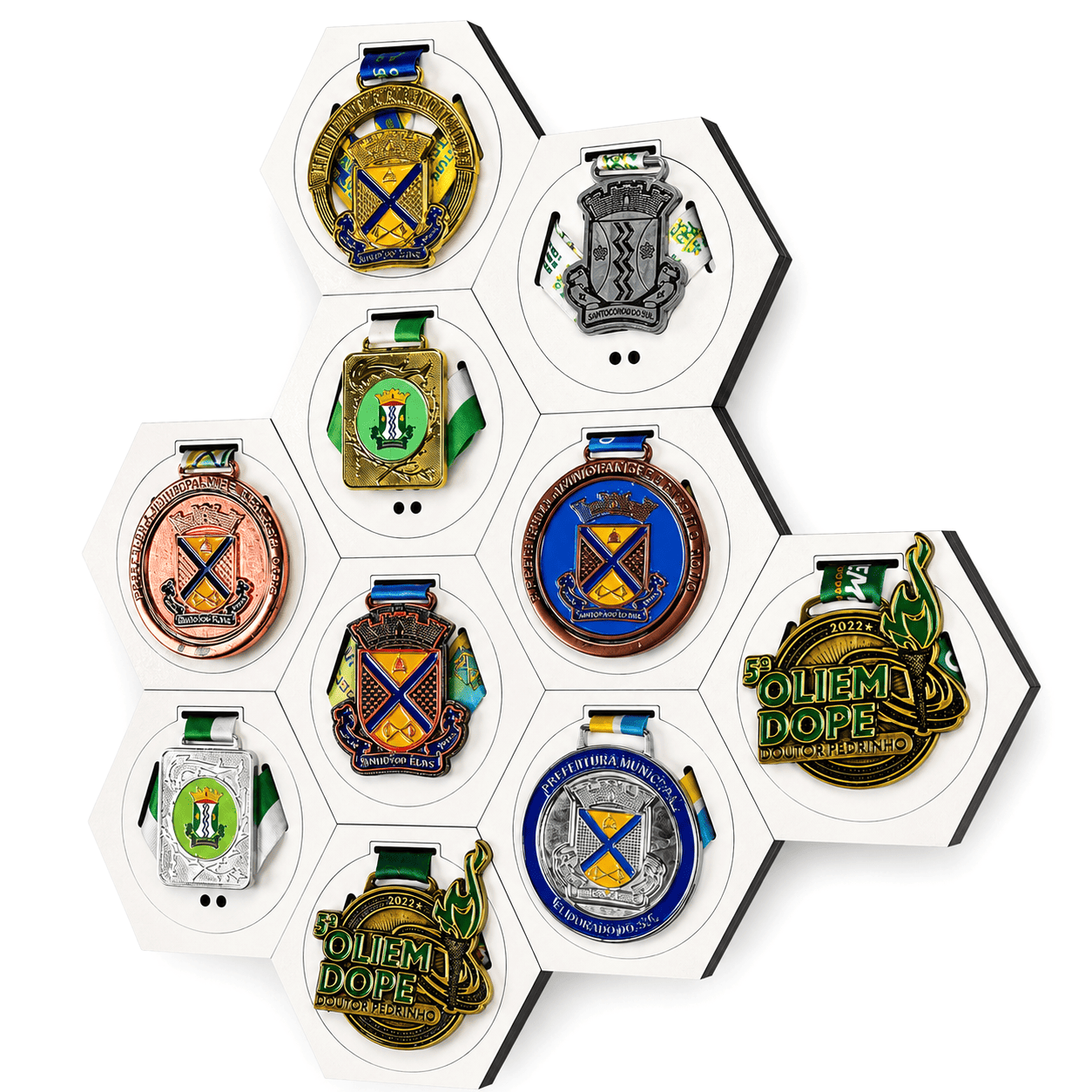 Kit de Porta-Medalhas Hexagonal Colmeia em MDF à Laser MySteps VictoryHive Expositor para Parede + Fita Dupla Face de Fixação