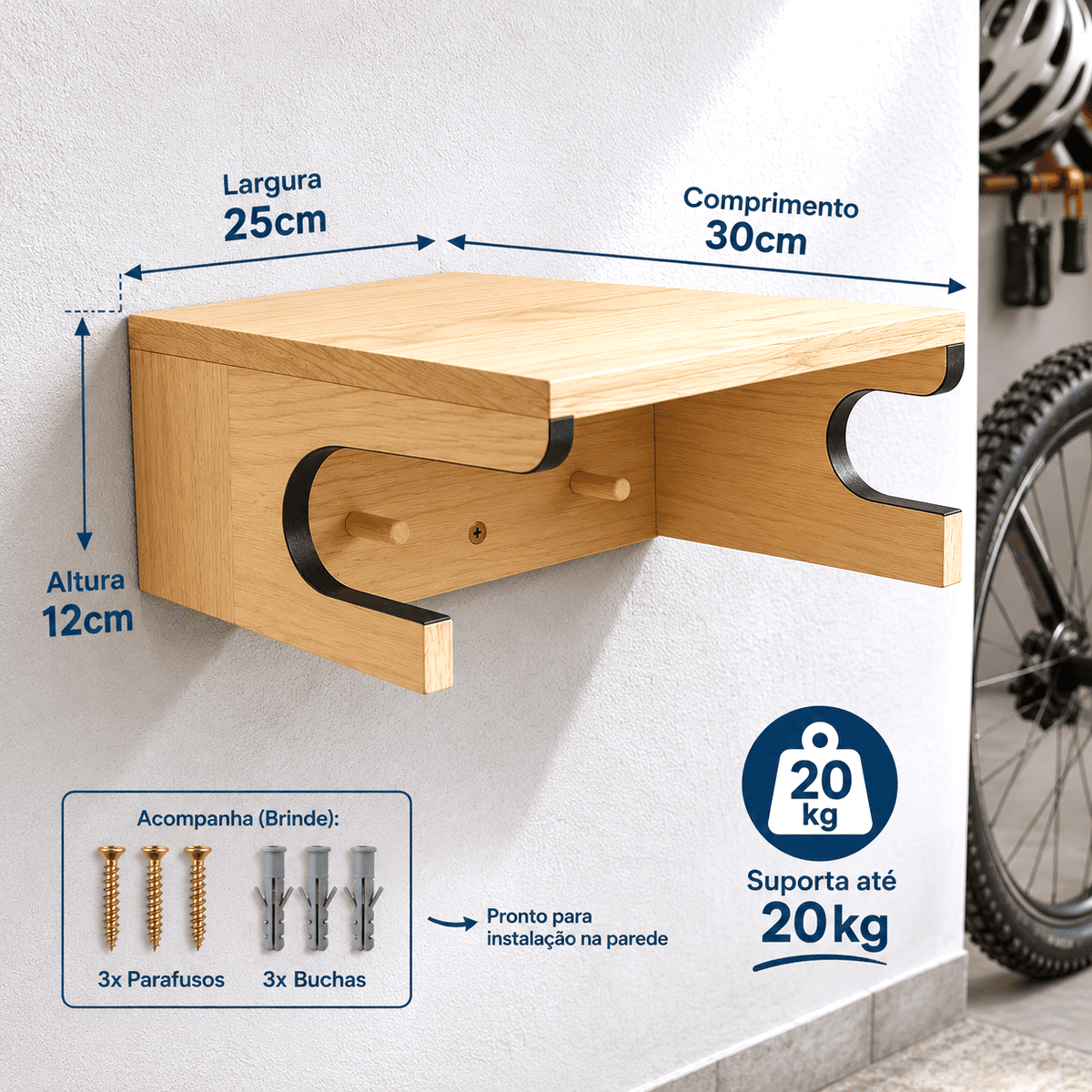 Kit de Suporte Rack de Parede para Bicicleta Bike 3 em 1 MySteps PedalStation® Opções MDF Cru ou Envernizado + Parafusos e Buchas de Instalação