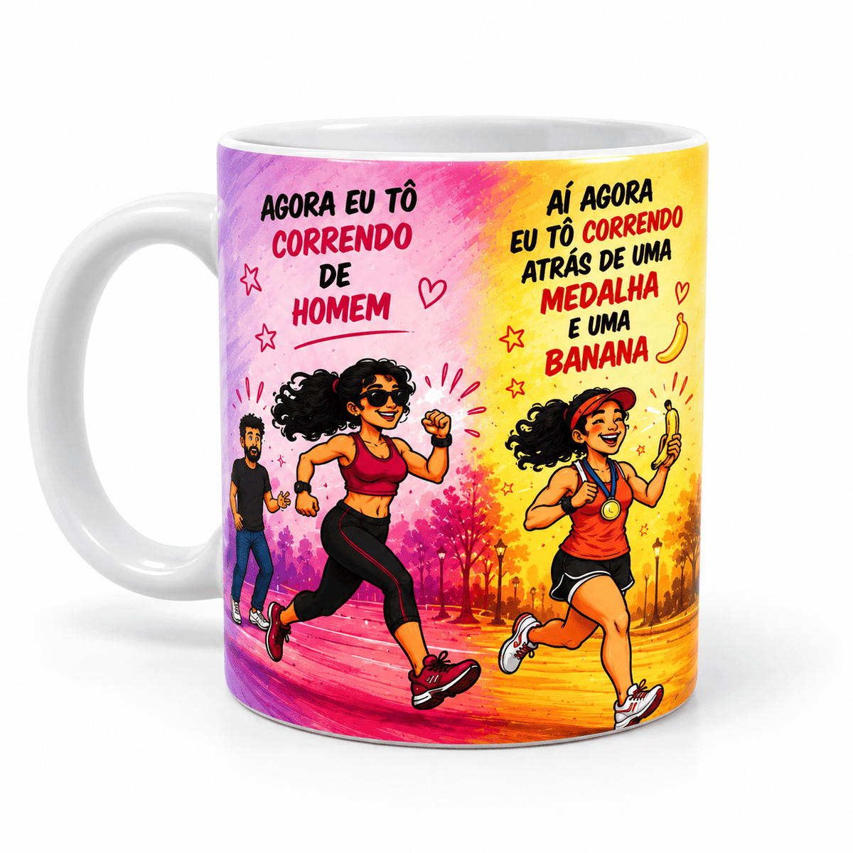 Kit de Caneca Engraçada de Corredora Feminina - Frase Correndo Atrás de Medalha e Banana - MySteps RunnerGirl® Feita em Cerâmica e Capacidade 325ml + *Brindes* e *Mimos*
