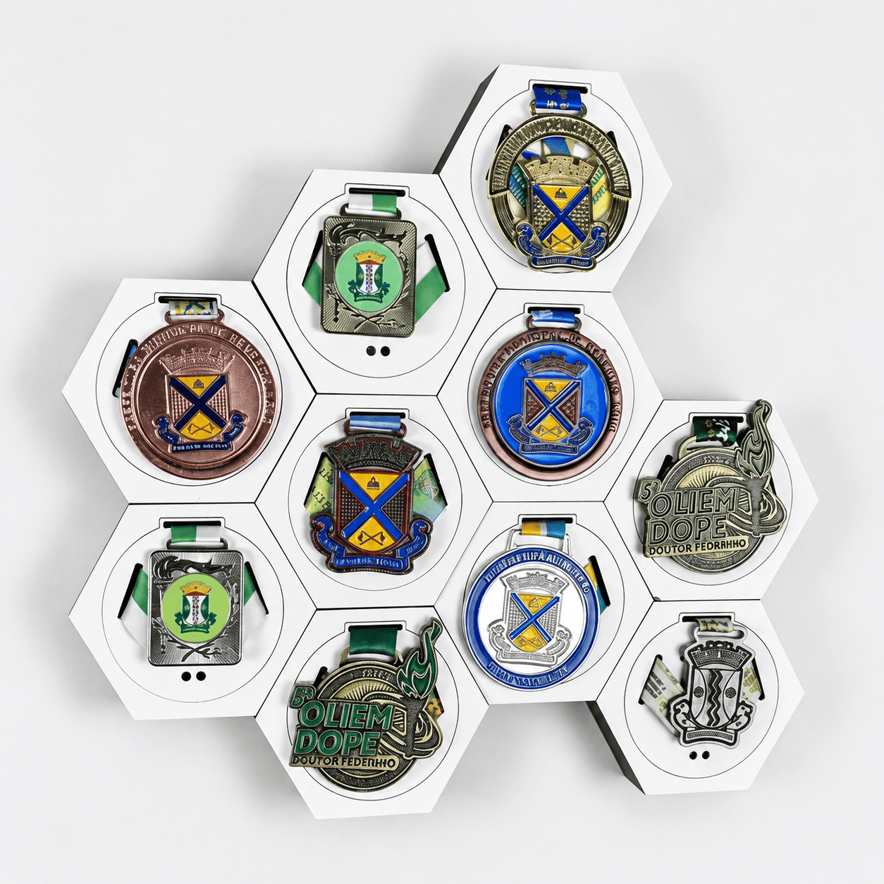 Kit de Porta-Medalhas Hexagonal Colmeia em MDF à Laser MySteps VictoryHive Expositor para Parede + Fita Dupla Face de Fixação