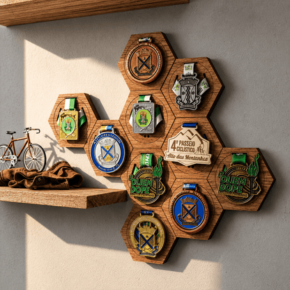 Kit de Porta-Medalhas Hexagonal Colmeia em MDF à Laser MySteps VictoryHive Expositor para Parede + Fita Dupla Face de Fixação