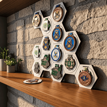 Kit de Porta-Medalhas Hexagonal Colmeia em MDF à Laser MySteps VictoryHive Expositor para Parede + Fita Dupla Face de Fixação